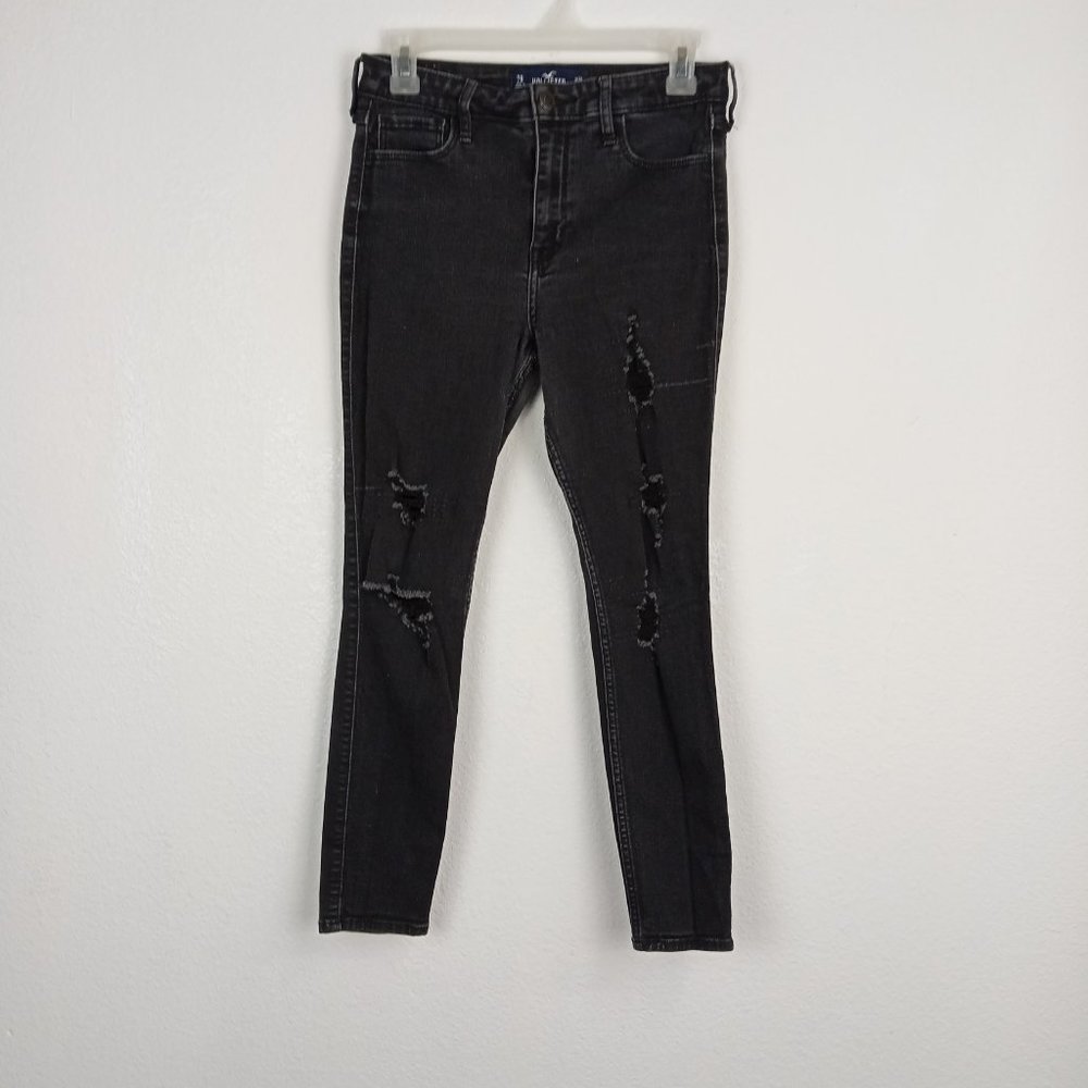 Hollister Womens Super Skinny Jeans Juniors Sz 7 High Rise Crop Black Distressed